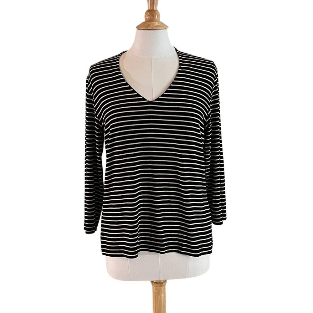 Chico's Travelers Black White Gold Stripe Long Sleeve V-Neck Shirt, Packable, L